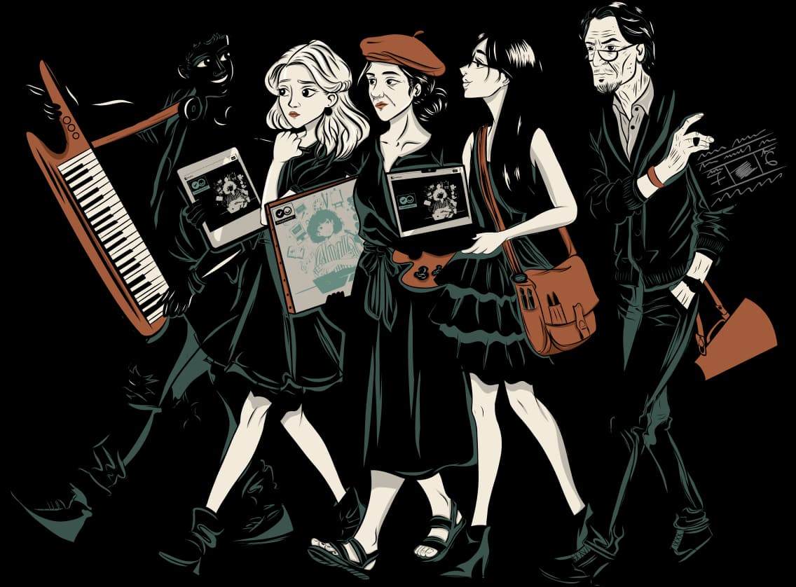 Illustration of musicians, writers, filmmakers and other creatives