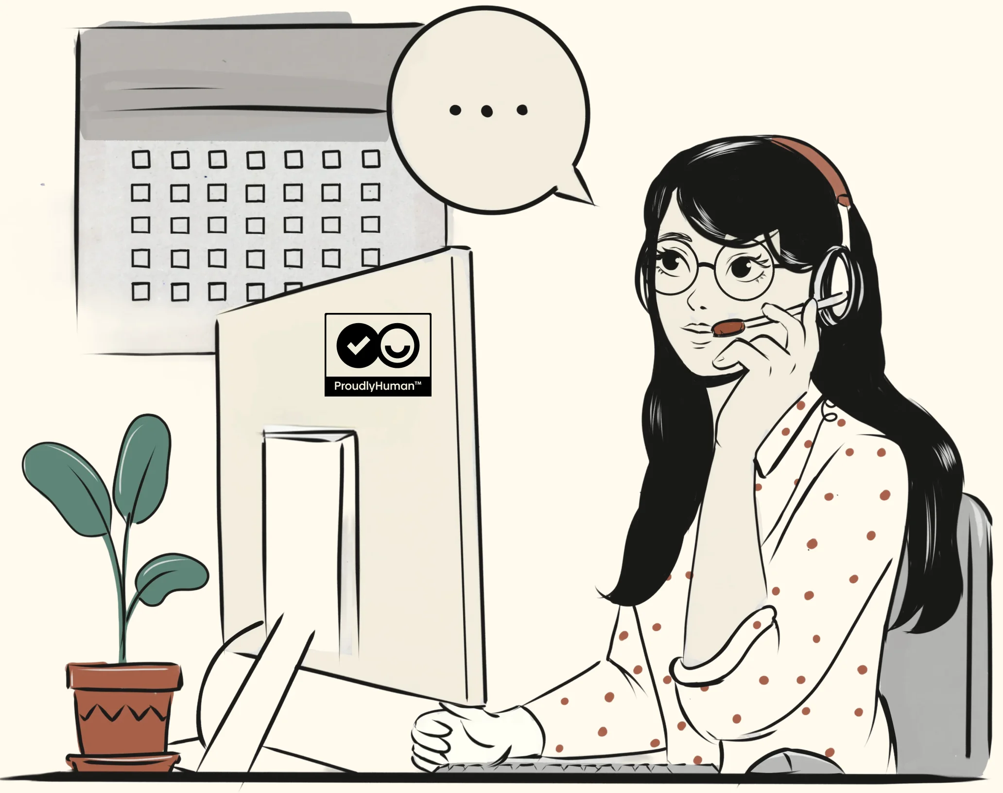 Illustration of a support agent wearing a headset at a computer displaying the ProudlyHuman trust mark
