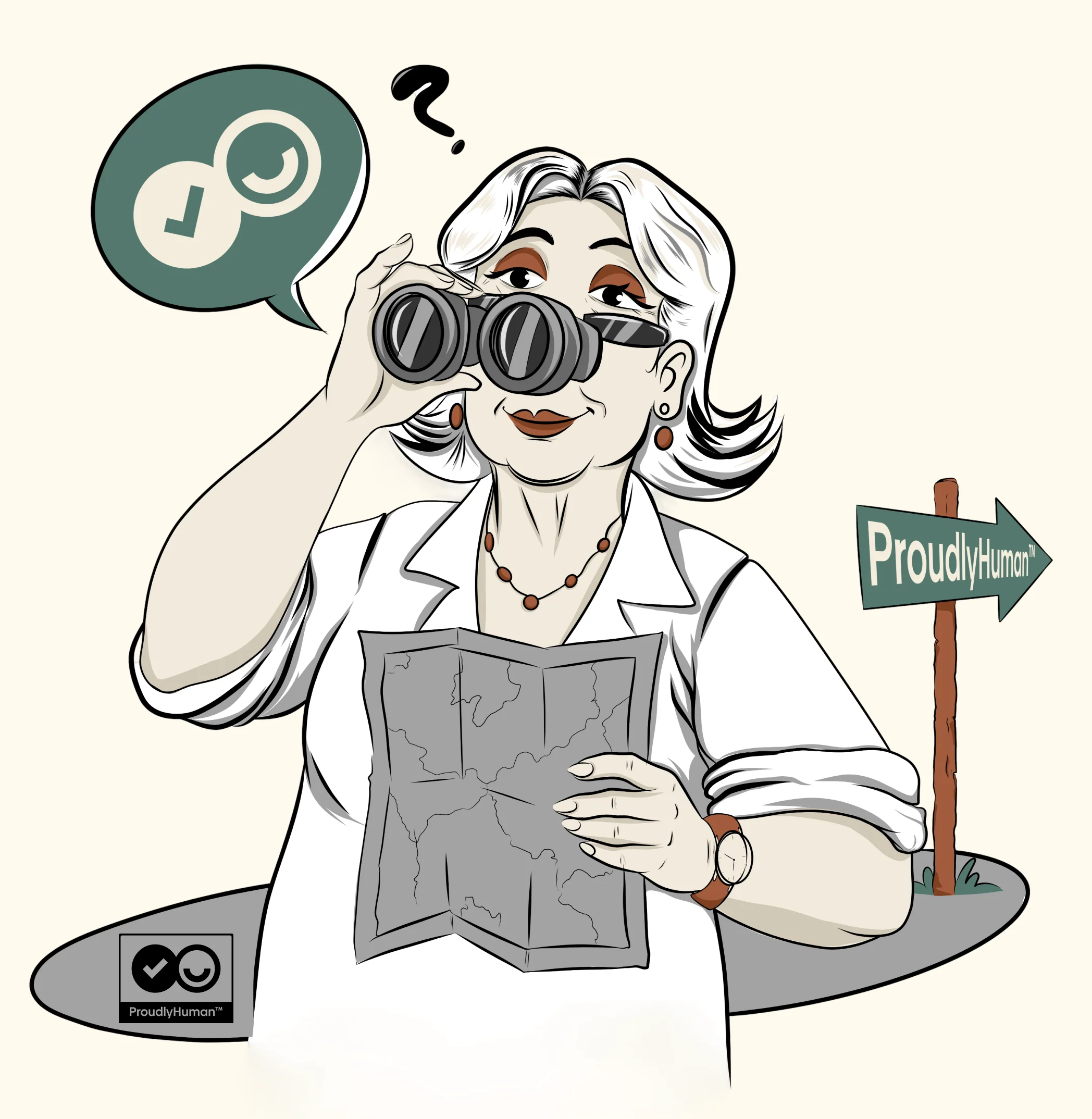 Illustration of a woman with binoculars searching for Proudly Human certified works