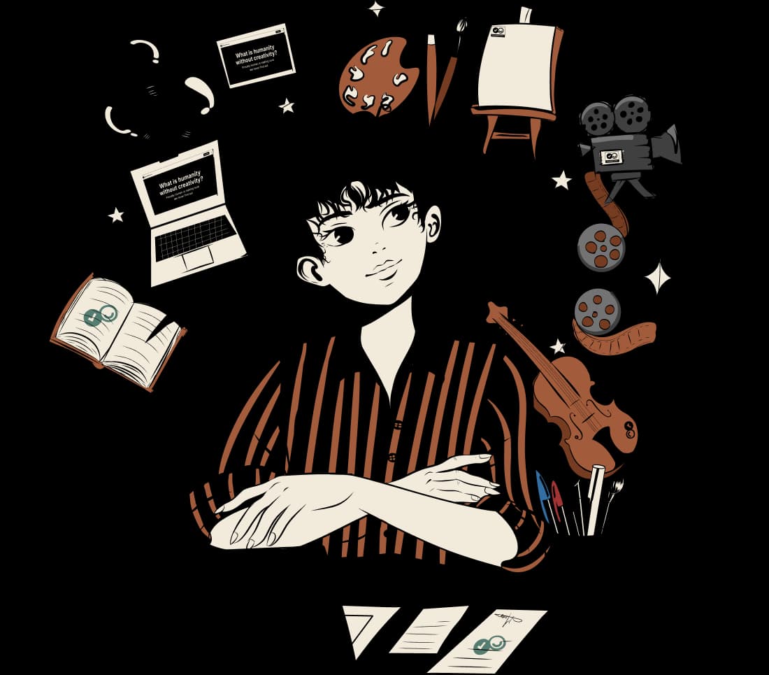 Illustration of a creative person surrounded by art, music, film and writing tools